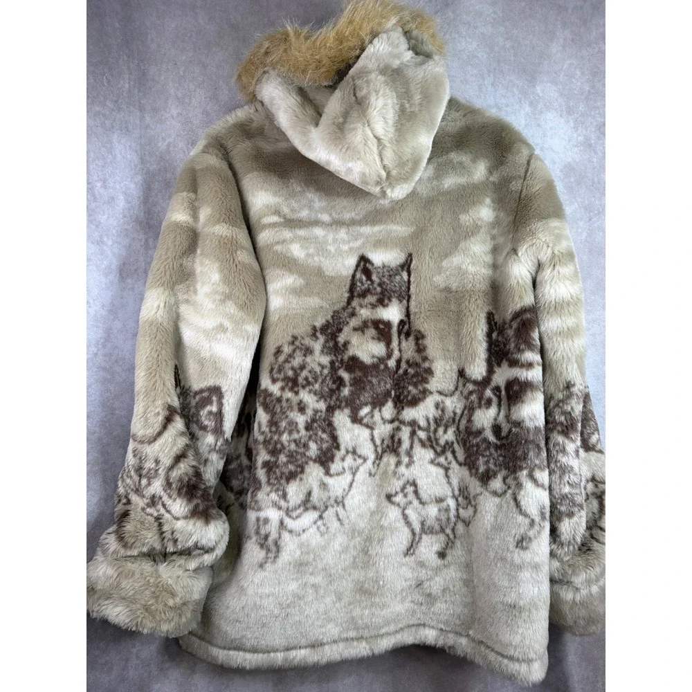 VTG Guide Gear Faux Fur Parka Large Tan Brown Wolf Pack Reversible Hooded Jacket
